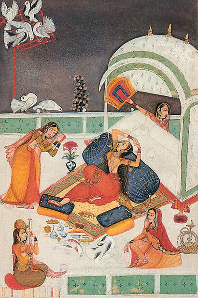 Ajit Singh, Raj britannique,  *Une Héroïne, pleine de désir pour son amoureux, sentant les douleurs de la séparation, contemple les pigeons s’accouplant*, Bundi, Rajasthan, 1770-1780. Aquarelle opaque et encre sur papier, 34,4 x 26,5 cm. Virginia Museum of Fine Arts, Richmond, Virginie.