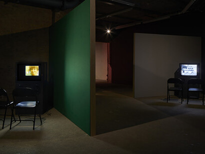 Installation view of Tony Cokes, If UR Reading This It's 2 Late: Vol. 1, at Goldsmiths CCA, 2019. Photographer Andy Stagg