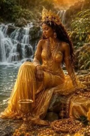 Sentada sobre as pedras, à beira de uma correnteza, uma mulher vestida de dourado contempla a água, cercada pela natureza. A imagem sugere um instante de recolhimento e conexão espiritual, evocando a presença de Oxum e a possibilidade de encontrar, na contemplação e na memória, caminhos para compreender a nós mesmos e lidar com a saudade