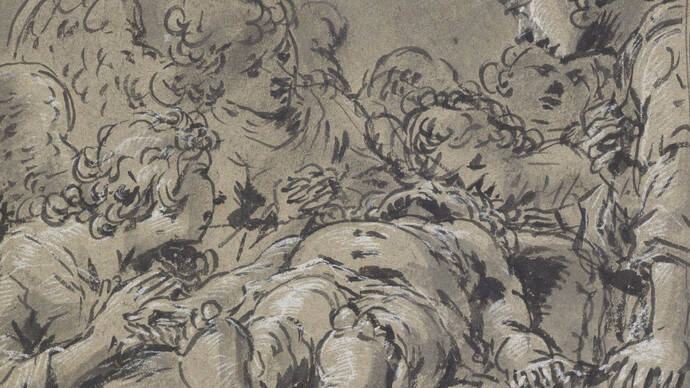 Leonard Bramer, Dead Christ with Angels (a&b), 1614-1627, brush and black ink and grey wash on brown laid paper,6 1/2 in. x 8 1/4 in. (16.5 cm. x 20.9 cm.), Bequest of the Honorable James Bowdoin III. Courtesy of Bowdoin College Museum of Art, Brunswick, Maine