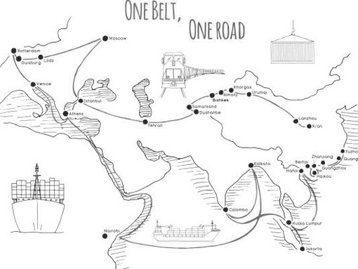 The One Belt, One Road initiative represents China's modern Silk Road, highlighting global economic transport routes on a world map