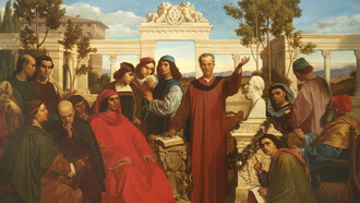 "Natalizi e parentali di Platone, celebrati nella Villa di Careggi da Lorenzo il Magnifico", dipinto di Luigi Mussini, (1862-1867). Il dipinto raffigura un passaggio descritto da Marsilio Ficino nel "De Amore", quando il 7 novembre 1468 lui e i suoi amici (tra cui altri umanisti del Rinascimento) si riunirono in una rievocazione del Simposio, in una celebrazione della "Platoneia"