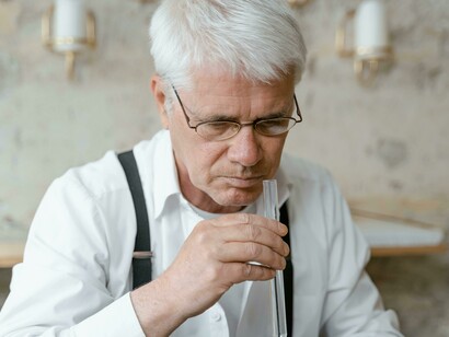 A man holds a test tube while carefully smelling a perfume in the process of creation