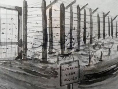 Particolare del reticolato che chiudeva i prigionieri italiani nel lager di Wietzendorf, disegno di Tullio Battaglia