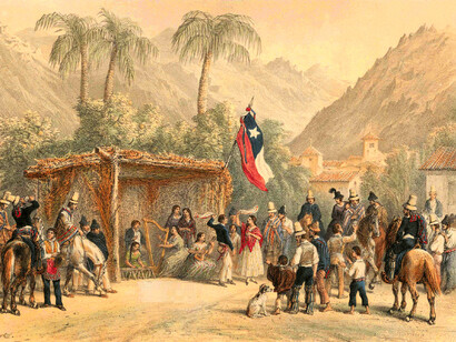 Una chingana del siglo XIX por Claudio Gay (1800-1873) encontrada en 'Atlas de la historia física y política de Chile'