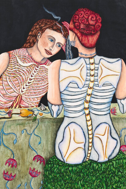 Nell Brookfield, Boney Bum and Nervous Suz (detail), 2022, acrylic dispersion and natural pigment, oil paint on linen, 156x115.5x3.6 cm. Courtesy of the artist and Duarte Sequeira Gallery
