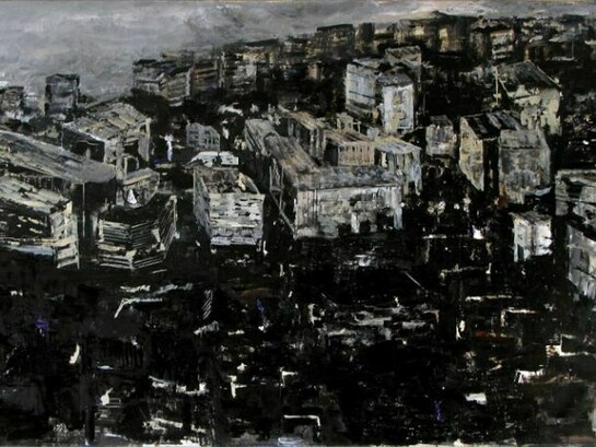 Bogdan Vladuta, Detail of Black City, 2011, oil on canvas, 80 x 144.5 in (203 x 367 cm)