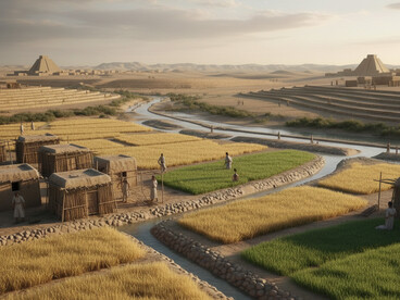A stone-lined main canal channels water into smaller branches, nourishing cultivated fields of wheat and barley