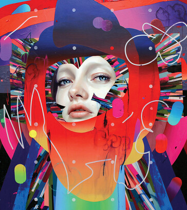 Erik Jones, PS36, 91x91cm. Color pencil, Water-Soluble Wax Pastel, Acrylic, Adhesive White Vinyl on Rives bfk paper mounted to panel