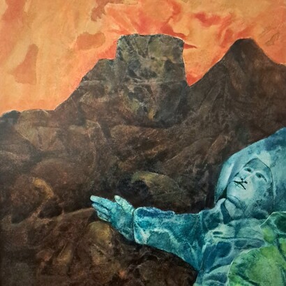 Agostino De Romanis, Gazing at the Mystery of the Mountain, mixed media on fiberboard, 50 x 35 cm, 2007