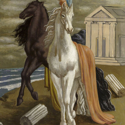 Giorgio de Chirico, Le cheval d’Agamemnon (due cavalli sulla spiaggia), 1929, olio su tela, Collezione Merlini Busto Arsizio (Va) © Collezione Merlini Busto Arsizio (Va) © Fondazione Giorgio e Isa de Chirico, Roma
