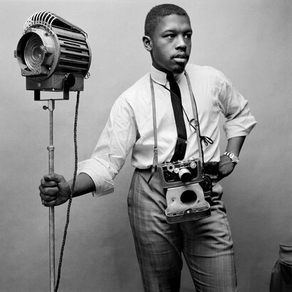 Kwame Brathwaite, Untitled (Kwame Brathwaite self portrait with Argus C3 ), n.d. Courtesy of Philip Martin Gallery