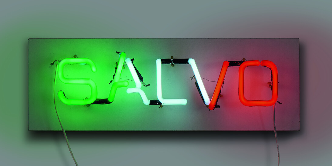 Salvo 1947-2015, Tricolore, 1972, Neon, 10 x 50 x 7.5 cm, 4 x 19 3/4 x 3 in (with panel, 20.5 x 60.5 x 9.5 cm). Courtesy Mazzoleni
