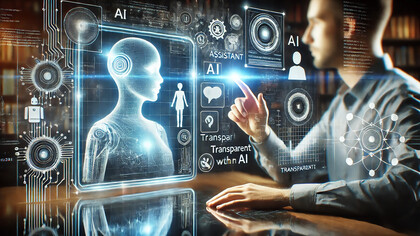Futuristic scene of human-AI interaction with elements of communication, technology, and collaboration