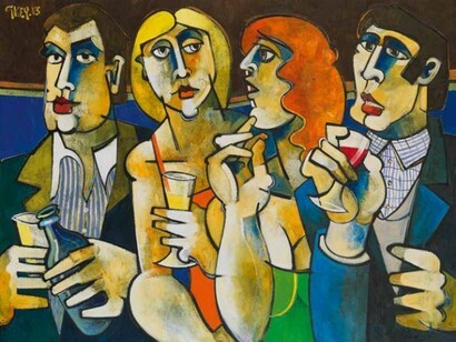 Geoffrey Key, Wine Bar Meeting, 2013, oil on canvas, 92 x 122 cm, 361⁄4 x 48 in
