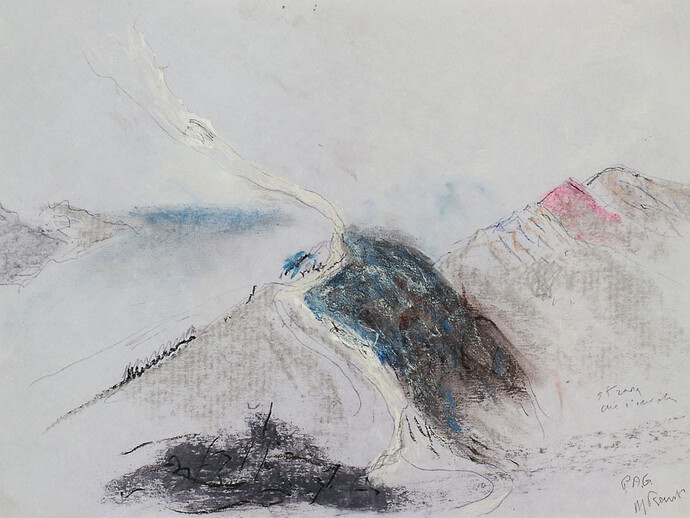 Mario Raciti, Strada che s'invola, 2014, pastello, smalto e grafite su carta violetta, 29,7 x 42 cm