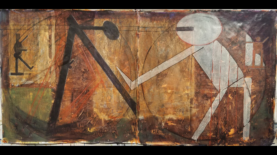 Garth Claassen, Dispute, mixed media on Tyvek, 2023, 42x84 inches. Courtesy the artist and Stewart Gallery