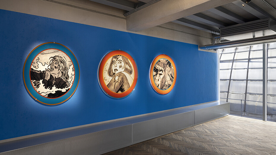 Dara Birnbaum, Quiet Disaster, 1999. Set of 3 circular Plexiglas panels with Duratrans print, Diameter each: 44 in. / 111.76 cm. Exhibition view “Dara Birnbaum” at Osservatorio Fondazione Prada, Milan, 2023. Courtesy of the artist, Fondazione Prada, Milan, and Marian Goodman Gallery. Photo credit: Andrea Rossetti