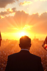 An American political leader stands in front of his supporters