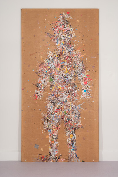 Tom Friedman, Scribble Being, 2008-2023. Magazine, catalogue and book clippings, MDF, 97 x 49 x .875 inches, 246.4 x 124.5 x 2.2 cm
© Tom Friedman; Courtesy the artist, Lehmann Maupin, New York, Hong Kong, Seoul, and London and Stephen Friedman Gallery, London