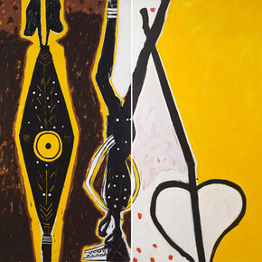 Ouattara Watts, Ritual Painting n°2, 1988,  diptych, mixed media on canvas, 180 x 432 cm, Courtesy Galerie Boulakia