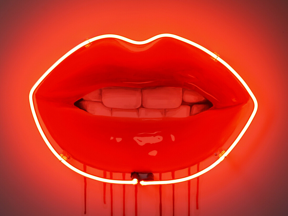 Sara Pope, Allure, oil on gesso board with neon light, 60x80cm