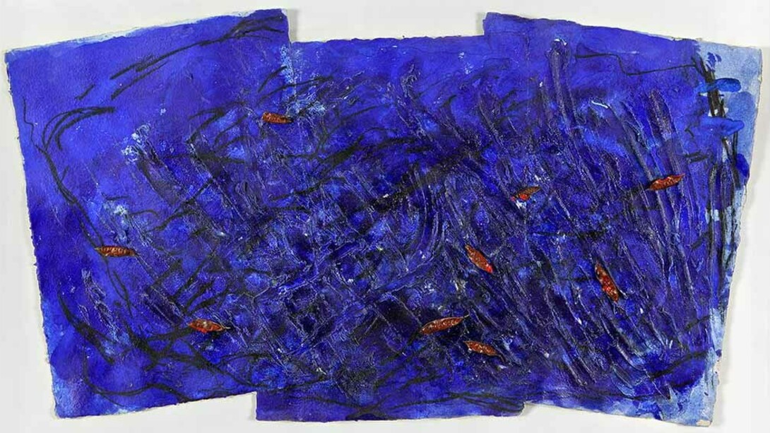 Gastini, Blu, 1983, tecnica mista e carrube su carta, cm. 55x104, foto Fabio Fantini