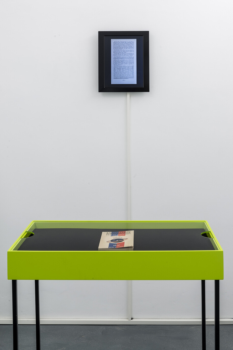 Gregorio Samsa, Guide Officiel - Exposition Internationale Paris 1937 (Installation),
Book, iron, lacquered wood, plexiglass, 87 x 72 x 40 cm, 
Digital frame, 46 x 60 cm
