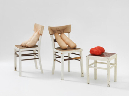 Sarah Lucas, The Good, The Bad and The Ugly, 2014. Tights, fluff, chair, stool, Chairs: 84 x 40 x 39 cm, Stool: 56 x 34 x 41 cm, Courtesy of the artist and MOT International London and Brussels