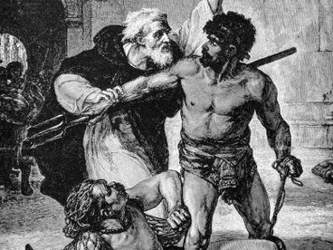 Antique illustration depicting a final gladiatorial combat between notable figures of the past