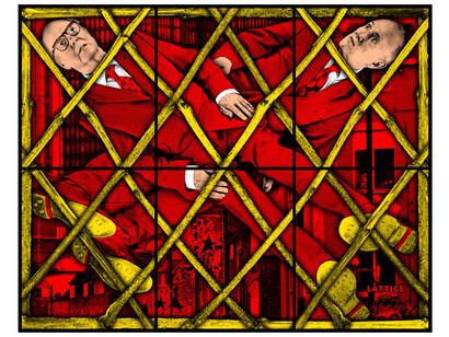 Gilbert & George, Latticed, 2022, mixed media, 118.9x124.8 inches, © Gilbert & George. Courtesy the artists and Lehmann Maupin, New York, Hong Kong, Seoul, and London

