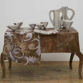 Manolo Valdés, Consola, 2013, wood, unique, 49 x 56 x 22 in. 124.4 x 142.4 x 55.9 cm © Manolo Valdés, courtesy Marlborough Gallery, New York