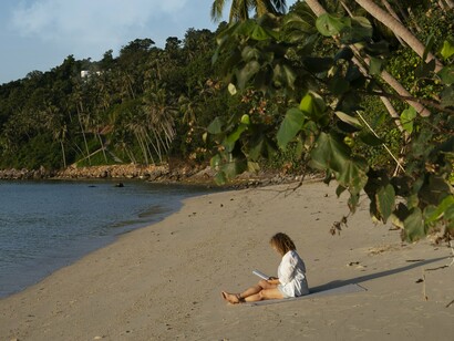 Mulher lê na praia sob o sol. Sob o estímulo dessa sugestão, suspeitamos uma história camuflada sob camadas de outras, justificando-as, reunindo-as, legitimando-as e atraindo-nos para a tapeçaria assim heraldicamente brasonada. Tapeçaria cujo número de contos talvez evoque, ultrapassando-a, a lenda da Septuaginta de 72 versões da tradução da Bíblia em outros tantos dias (segundo a Carta de Aristeias, alegadamente de alguém da corte de Ptolomeu II Filadelfo a um tal Filócrates). Tapeçaria pretendendo-se biblioteca, um livro de ficções… 