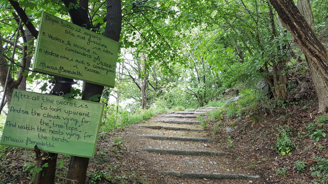 Signos poéticos en la Salida San Donato-Sentiero Alda Merini entre Como y Brunate. Lago Como: "Camino de la Poesía", Italia