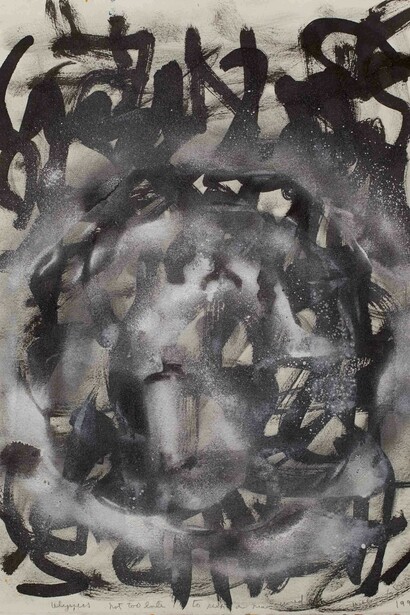 William S Burroughs, Ulysses not too late to seek a new world, 1992 Paint and spray on piper 53 x 49 cm photo Jonathan Greet copyright Estate of William Burroughs