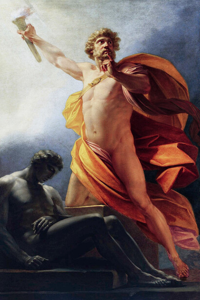 Prometeo, amico dell’umanità, rubò il fuoco agli dei per donarlo agli uomini, ribellandosi al potere di Zeus