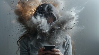 A person suffering from cybersickness and technology addiction, experiencing brain fog and mental exhaustion