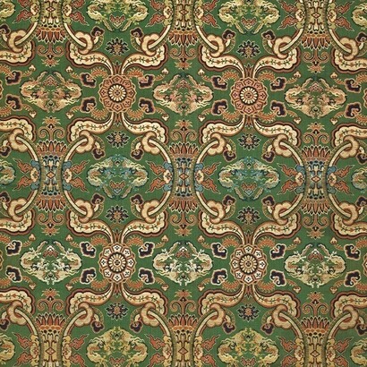 Nishiki. Ornate lattice enclosing pairs of confronted dragons with stylised clouds and flowers. Silk, lampas, twill ground; flat gold thread. End of Edo period, 1801-1868. CB-TJ-1927-100 © Copyright Baur Foundation, Geneva (Switzerland)
