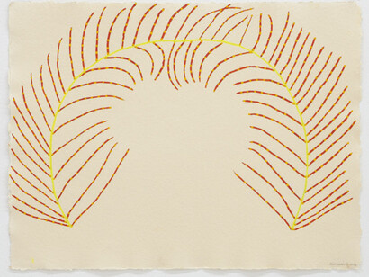 Sheroanawe Hakihiiwe, Masiko wake wake (Palmera roja), 2022, tinta acrílica sobre papel de algodão, 51x69 cm. Courtesy of Galeria Nara Roesler
