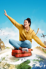 Captivating image of a female traveler seated atop the world, framed by iconic city landmarks, showcasing global exploration and adventure