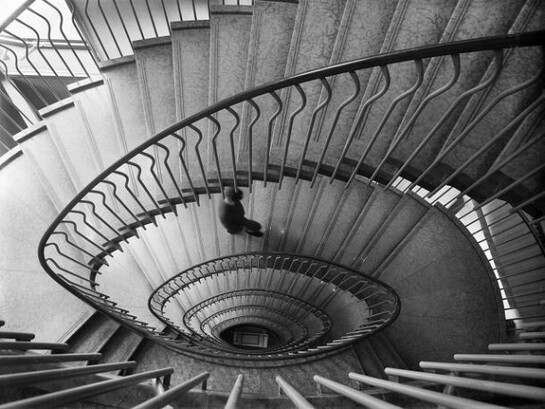 View of the grand staircase at La Rinascente in Rome, designed by Franco Albini and Franca Helg, 1962, digital print on aluminium