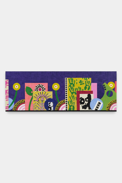 David Korty, Sugar Mountain, 2024. Fflashe, pencil, ink, hahnemuhle paper, and collage on cotton canvas 
cantera stone, ceramic, 
26 x 72 in (66 x 182.9 cm). Courtesy of the artist and Night Gallery 