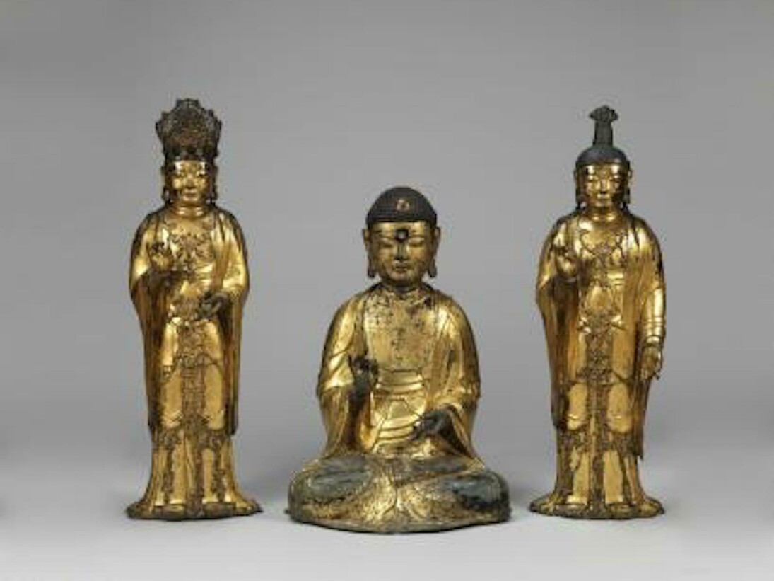 Amitabha triad , Korea, Goryeo dynasty (918–1392), dated 1333 , Gilt bronze. a) Buddha: 27 3/16 in. (69.1 cm) . b) Attendant bodhisattva, right: 34 1/4 in. (87 cm). c) Attendant bodhisattva, left: 34 1/4 in. (87 cm) 