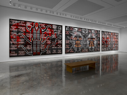 Gilbert & George, Scapegoating Pictures for London, White Cube Bermondsey, 18 July - 28 September 2014, © Gilbert & George. Photo: Jack Hems. Courtesy White Cube