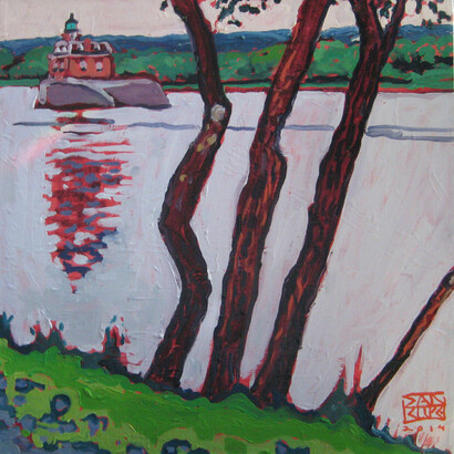 River Trees, Athens, Hudson Lighthouse, 2014, 22 x 22 inches, oil on linen