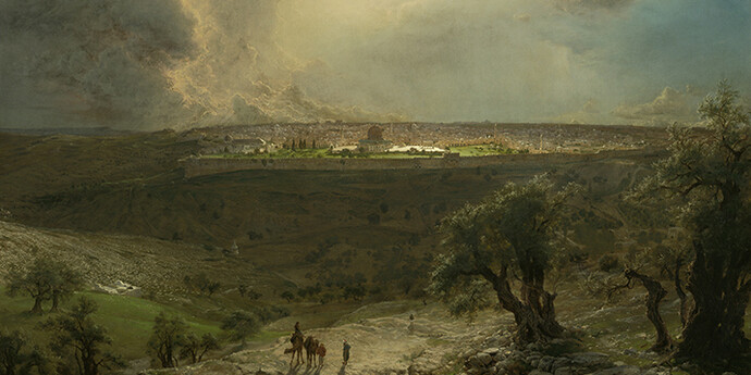 Frederic Edwin Church, American (1826-1900). Jerusalem from the Mount of Olives, 1870. Oil on canvas, 54 1/4 x 84 3/8 inches. Gift of the Enid and Crosby Kemper Foundation, F77-40/1.