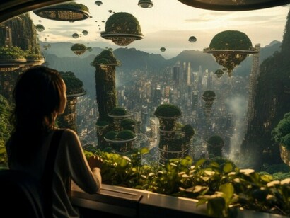 A solitary person stands beneath a surreal futuristic sky, facing the ambiguity of a future civilization