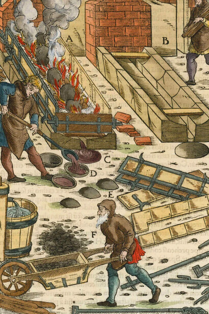Georgius Agricola, Arbeit am Saigerherd in De re metallica libri XII, 1556. Mit freundlicher genehmigung der Kunstsammlungen Chemnitz
