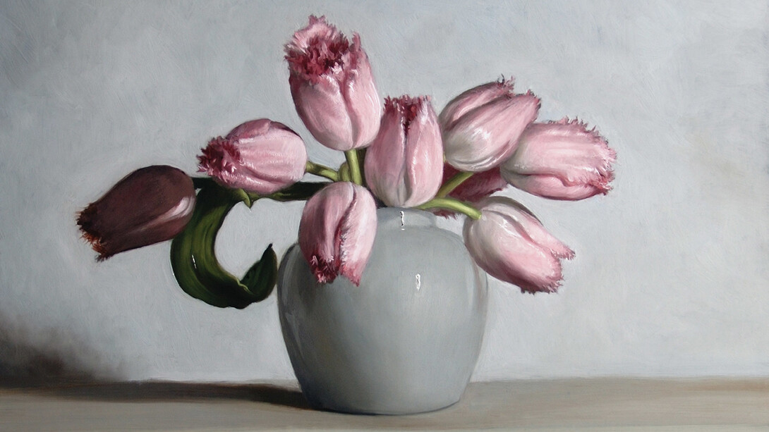 James Gillick, Pale Pink Tulips in a Ginger Pot, Signed, Oil on linen over panel, 15 x 18.75ins (38.2 x 47.6cm) © James Gillick
