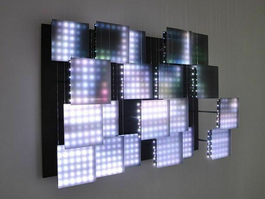 Jim Campbell, Untitled (Commuters), 2014, LEDs, metal, wire, custom electronics, 43 x 63 x 18 1/2 inches